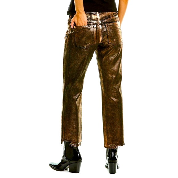 Maggie mid-rise destroyed raw crop hem shiny Fall Metal copper button fly jean - Picture 3 of 15